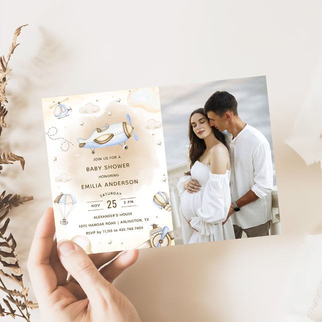 Vintage Travel Aeroplane Baby Shower Party Photo  Invitation (Creator Uploaded)