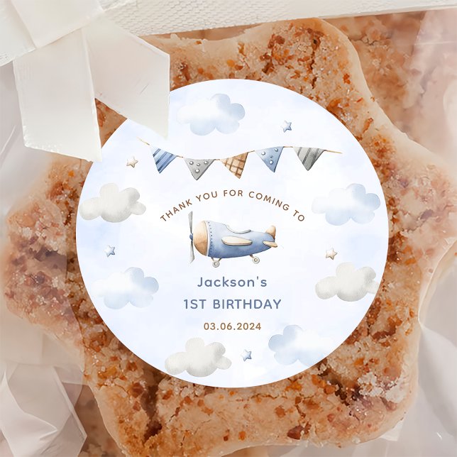 Vintage Travel Aeroplane Birthday Party Classic Round Sticker (Creator Uploaded)