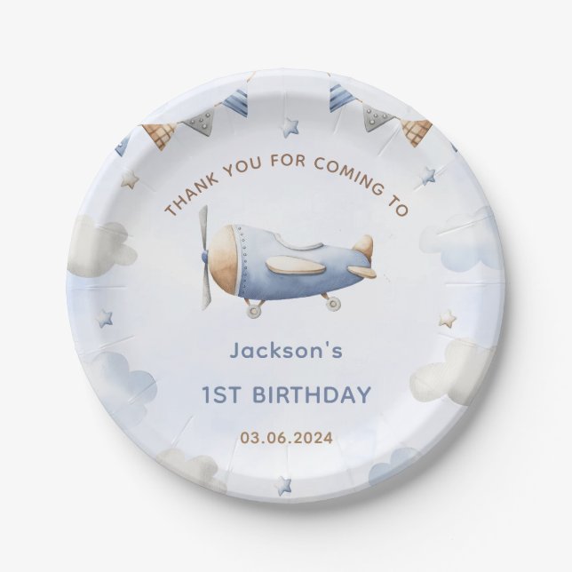 Vintage Travel Aeroplane Birthday Party  Paper Plate (Front)