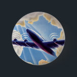 Vintage Travel, Aeroplane Flying in Clouds in Sky 6 Cm Round Badge<br><div class="desc">Vintage illustration travel and transportation image featuring an aeroplane soaring through the sky. Rays of sunshine are streaming through the white fluffy clouds.</div>