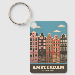 Vintage Travel Amsterdam Netherlands Canal Houses Key Ring
