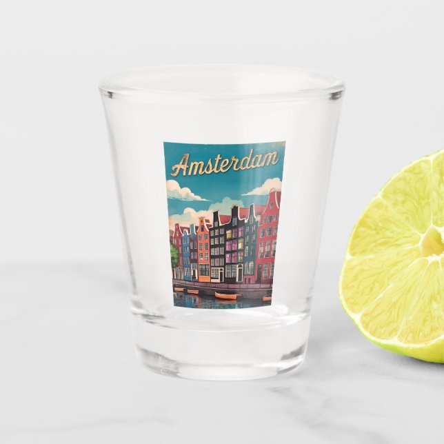Vintage Travel Amsterdam Netherlands Retro Scenic Shot Glass (Front)