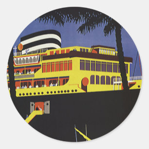 Vintage Travel, Art Deco Cruise Ship in Port Classic Round Sticker