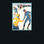 Vintage Travel, Art Deco, Winter Davos Switzerland Canvas Print<br><div class="desc">Vintage illustration advertisement,  European travel poster or luggage label from Davos,  Switzerland featuring a love and romance sports design with couples ice skating. Winter in Davos.</div>