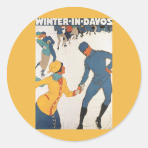 Vintage Travel, Art Deco, Winter Davos Switzerland Classic Round Sticker