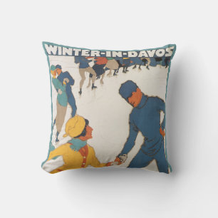 Vintage Travel, Art Deco, Winter Davos Switzerland Cushion