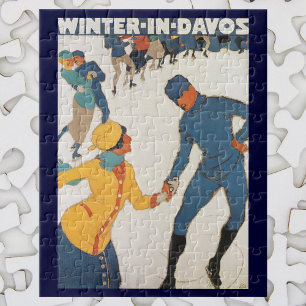 Vintage Travel, Art Deco, Winter Davos Switzerland Jigsaw Puzzle