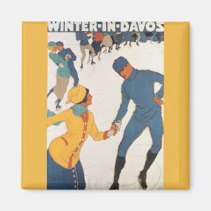 Vintage Travel, Art Deco, Winter Davos Switzerland Magnet