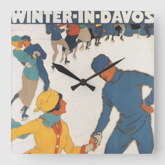 Vintage Travel, Art Deco, Winter Davos Switzerland Square Wall Clock