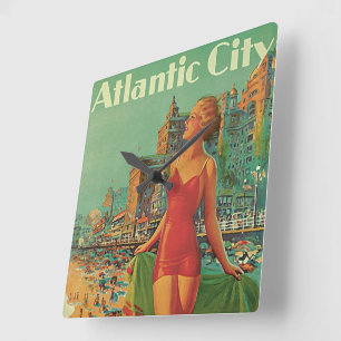 Vintage Travel, Atlantic City Resort Beach Blonde Square Wall Clock