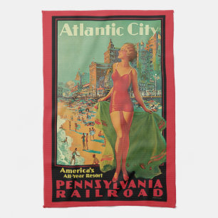 Vintage Travel, Atlantic City Resort Beach Blonde Tea Towel