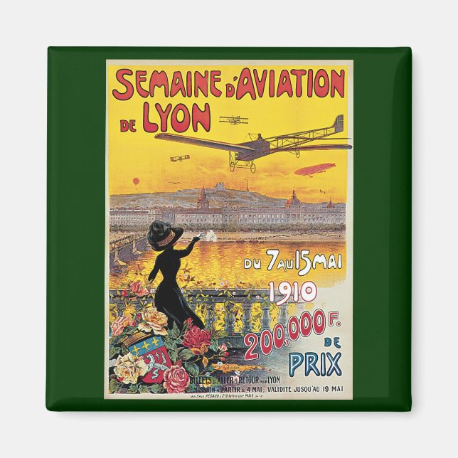 Vintage Travel, Aviation Aeroplanes, Lyon, France Magnet (Front)