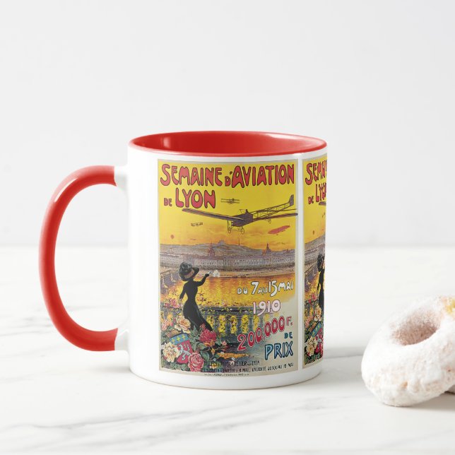 Vintage Travel, Aviation Aeroplanes, Lyon, France Mug (With Donut)