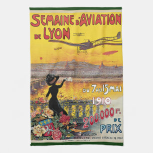 Vintage Travel, Aviation Aeroplanes, Lyon, France Tea Towel