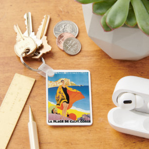 Vintage Travel, Beach Vacation at Calvi, Corsica Key Ring