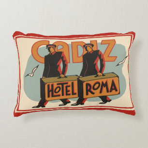 Vintage Travel Bellhops Hotel Roma, Cadiz, Spain Decorative Cushion