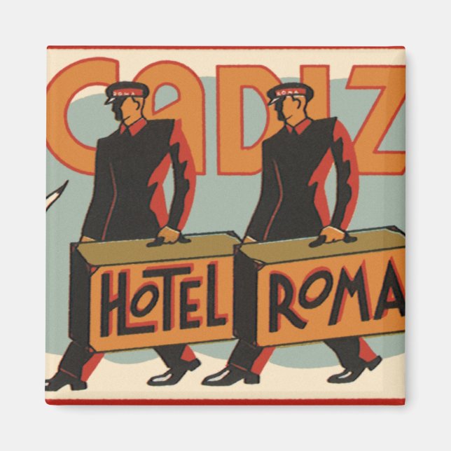 Vintage Travel Bellhops Hotel Roma, Cadiz, Spain Magnet (Front)