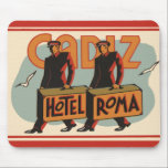 Vintage Travel Bellhops Hotel Roma, Cadiz, Spain Mouse Mat<br><div class="desc">Vintage illustration European travel poster or luggage label from the Hotel Roma,  Cadiz,  Spain featuring two bellhops carrying luggage.</div>