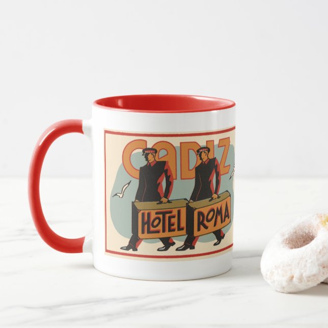 Vintage Travel Bellhops Hotel Roma, Cadiz, Spain Mug (With Donut)