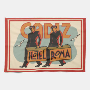 Vintage Travel Bellhops Hotel Roma, Cadiz, Spain Tea Towel