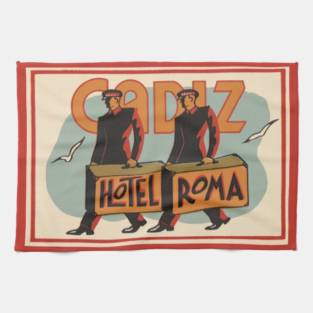 Vintage Travel Bellhops Hotel Roma, Cadiz, Spain Tea Towel (Horizontal)