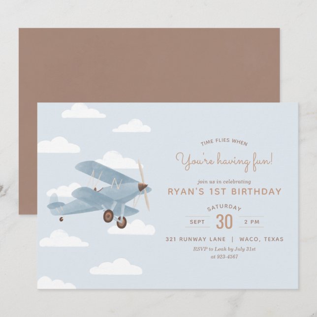 Vintage Travel Biplane Boy Birthday Party Invitation (Front/Back)
