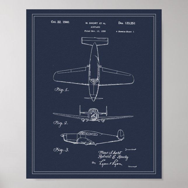 Vintage Travel Blueprint Art 1940 Airplane Patent Poster (Front)
