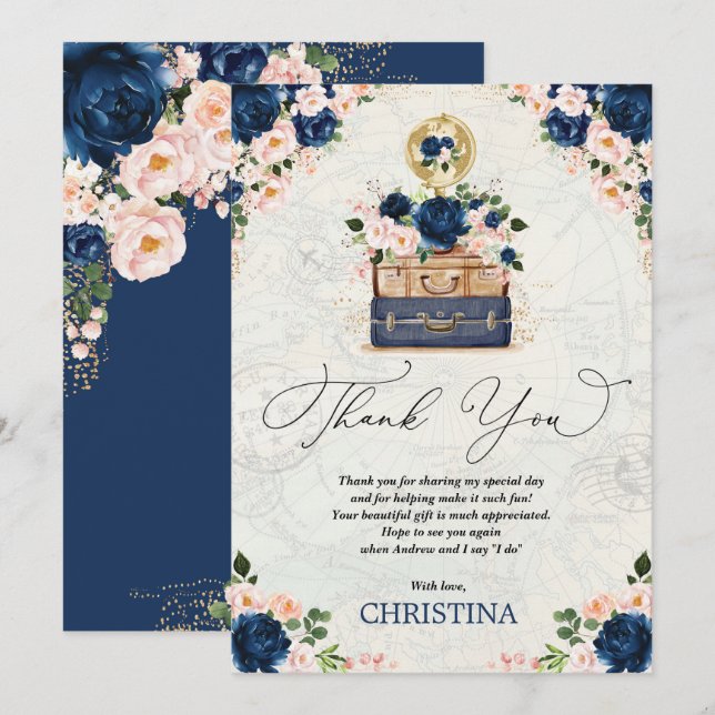 Vintage Travel Bridal Shower Navy Blush Floral Thank You Card (Front/Back)