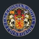 Vintage Travel Caledonian Hotel Edinburgh Scotland Dartboard<br><div class="desc">Vintage illustration European travel poster or luggage label from the Caledonian Hotel, Edinburgh, Scotland featuring the royal coat of arms of Scotland. A circle design with a red lion symbolising the King of Scots, on top of the shield is the helm and crest. The lion wears the Crown of Scotland...</div>