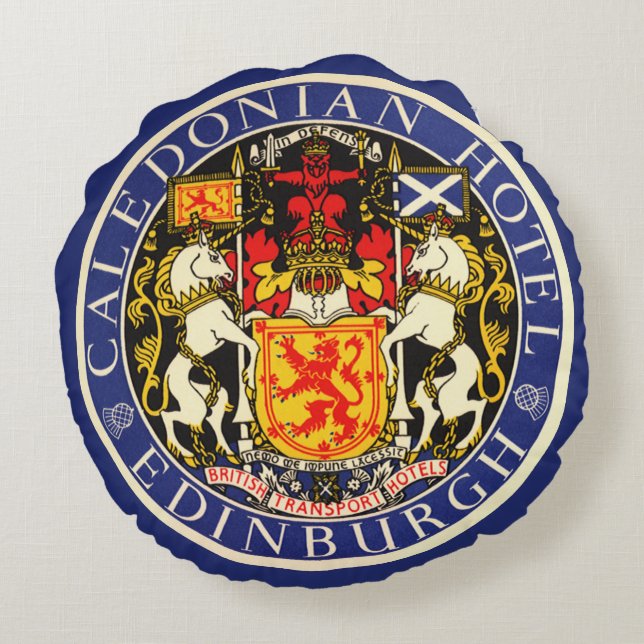 Vintage Travel Caledonian Hotel Edinburgh Scotland Round Cushion (Back)