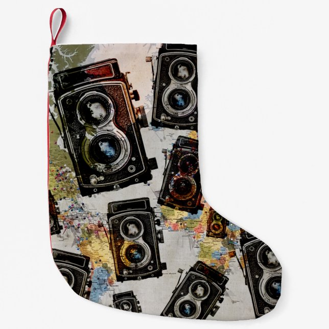 Vintage Travel Camera Pattern Small Christmas Stocking (Front)