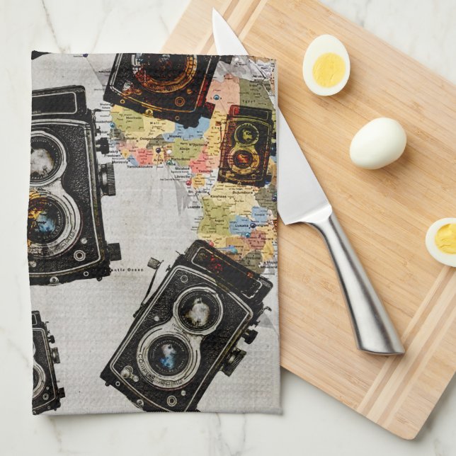 Vintage Travel Camera Pattern Tea Towel (Quarter Fold)
