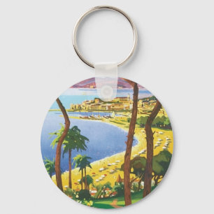 Vintage Travel Cannes Beach Scene Key Ring