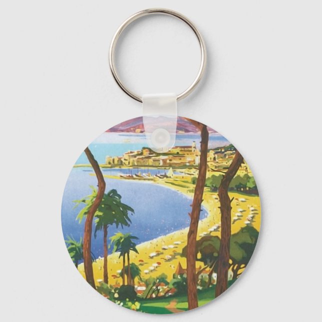 Vintage Travel Cannes Beach Scene Key Ring (Front)