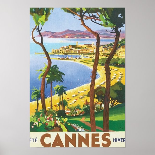 Vintage Travel Cannes Beach Scene Poster (Front)