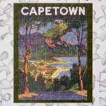 Vintage Travel, Cape Town, a City in South Africa Jigsaw Puzzle<br><div class="desc">Vintage illustration African travel poster or luggage label from the capital city of Cape Town,  South Africa featuring a view of the mountains and beach through the trees. The southern African coast line.</div>