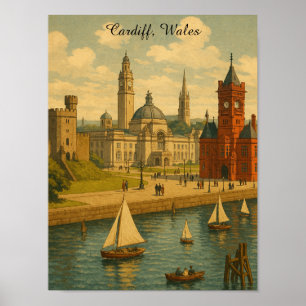 Vintage Travel Cardiff, Wales Landmarks Retro Poster