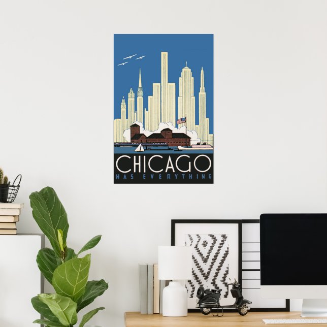 Vintage Travel Chicago Has Everything City Skyline Poster (Home Office)