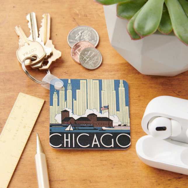 Vintage Travel Chicago Illinois Skyscraper Skyline Key Ring (Desk)