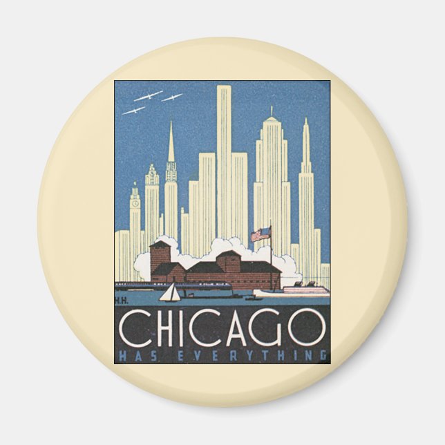 Vintage Travel Chicago Illinois Skyscraper Skyline Magnet (Front)