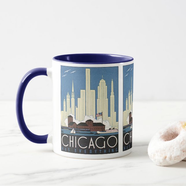 Vintage Travel Chicago Illinois Skyscraper Skyline Mug (With Donut)