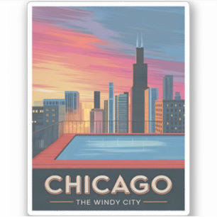 Vintage Travel Chicago Sunset Skyline Cityscape