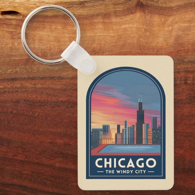 Vintage Travel Chicago Sunset Skyline Cityscape Key Ring (Front)