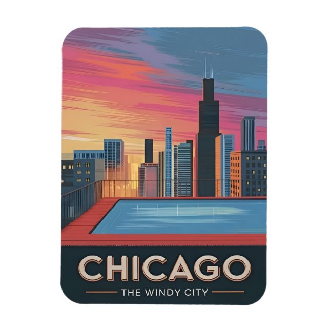 Vintage Travel Chicago Sunset Skyline Cityscape Magnet (Vertical)