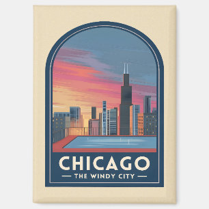 Vintage Travel Chicago Sunset Skyline Cityscape Magnet