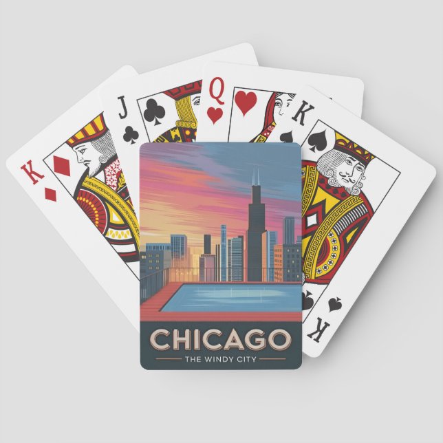 Vintage Travel Chicago Sunset Skyline Cityscape Playing Cards (Back)