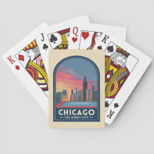 Vintage Travel Chicago Sunset Skyline Cityscape Playing Cards