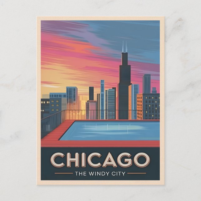 Vintage Travel Chicago Sunset Skyline Cityscape Postcard (Front)