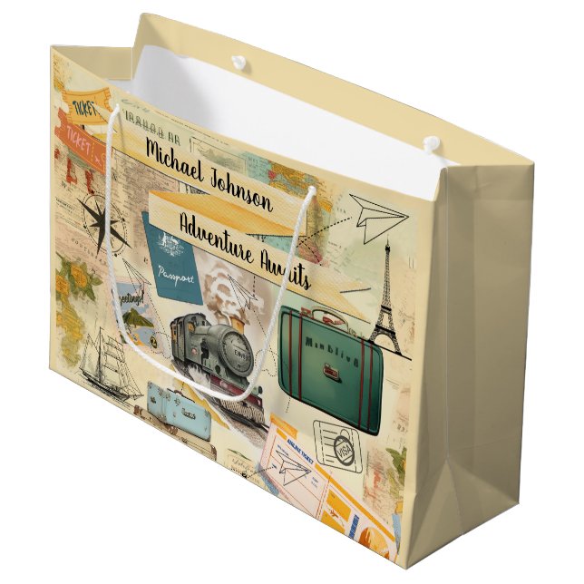 Vintage Travel Collage 2 Large Gift Bag (Front Angled)