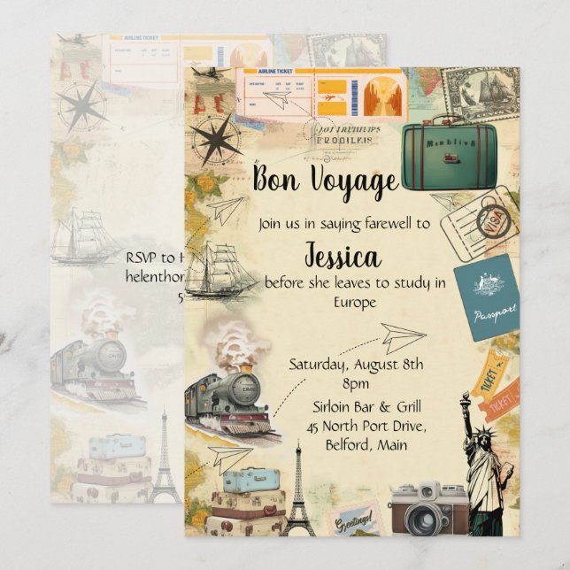 Vintage Travel Collage Bon Voyage Party Invitation (Front/Back)